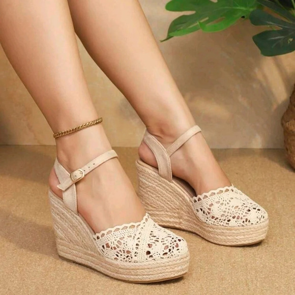High Heel Straw Woven Platform Sandals, Hollow Out Round Toe Fisherman Shoes - Picture 1 of 6